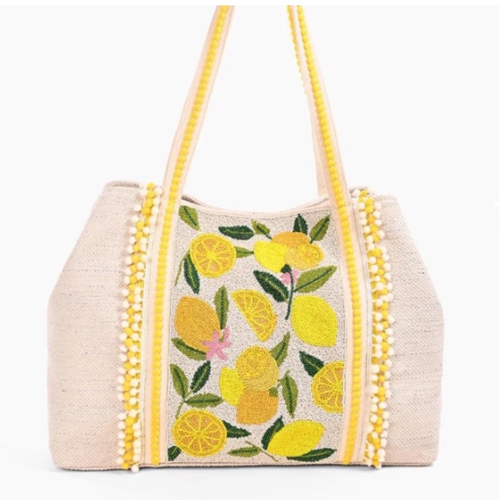 RARE Like new America & Beyond Lemon Hand Beaded beach Tote - Picture 1 of 16